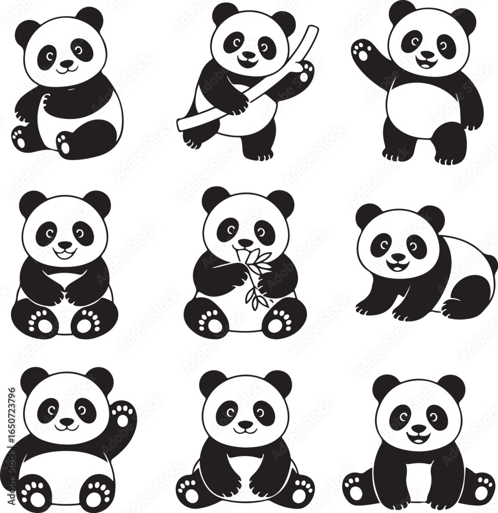 Obraz premium Panda Bundle Vector – Cute and Wild Panda Silhouette CollectionPanda Head and Full Body Vector Bundle – Cartoon and Wildlife DesignPanda Silhouette Bundle – Animal Clipart Set for Logo, Art, and D