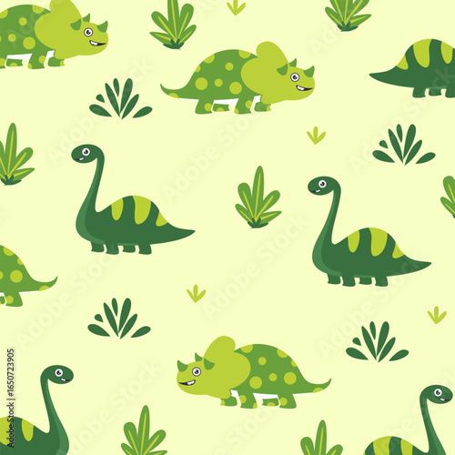 green dinosaur triceratops and brontosaurus seamless pattern cartoon vector design for kids apparel fullprint fabric