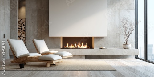 A serene interior scene showcases a modern fireplace as the focal point. Two minimalist, light-colored lounge chairs with woven seats and wooden frames are positioned in front of a large