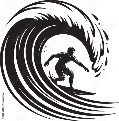 Dynamic surfer riding powerful wave, capturing extreme sports thrill