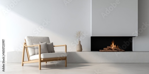 A modern, minimalist living room scene is illuminated by a focused beam of sunlight highlighting a comfortable armchair. The armchair, upholstered in a light gray fabric