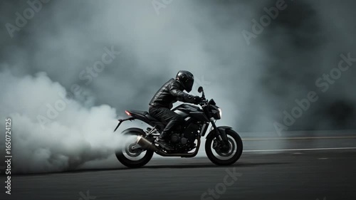 Rider performing a burnout on a motorcycle in fog