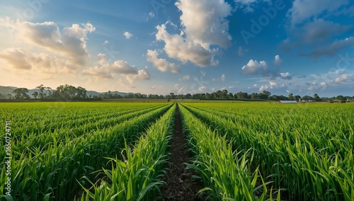 Sugarcane field under blue sky with fluffy clouds. Rich green sugarcane plants row, agriculture, farming. Rural scenery background. Plantation, harvest, food, agriculture, Thailand