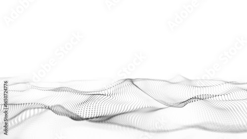 Light cyberspace in digital background. Abstract technology white wave with motion dots and lines. Connection big data. Futuristic wireframe texture. Analysis a network connection. 3D rendering.