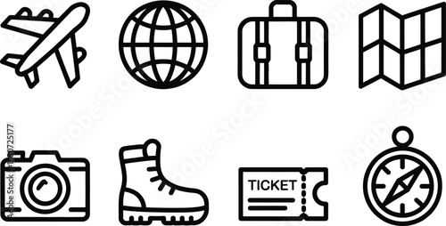Travel Icon Set Airplane, Globe, Suitcase, Map, Camera, Boot, Ticket, Compass on white