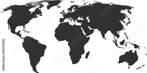 World Map Continents in Black Silhouette with a Transparent Background Element
