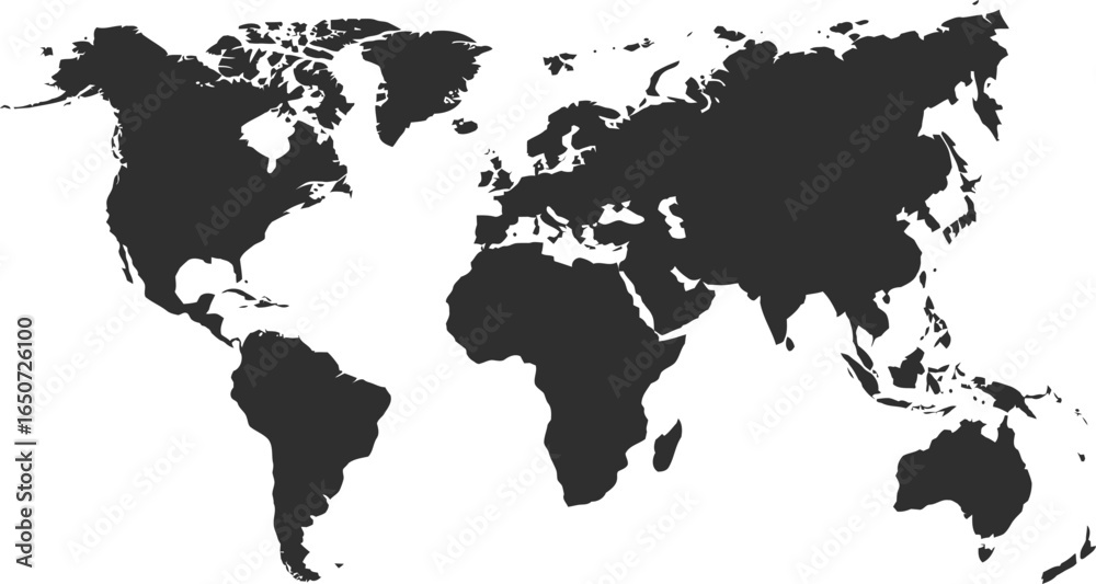 Naklejka premium World Map Flat Silhouette, Earth Continents Shape on Transparent Background