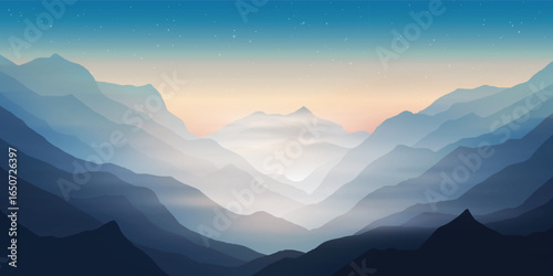 Mountain gorge in sunset light, evening fog, starry sky, vector illustration