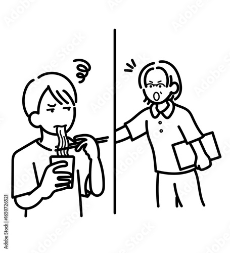 食事中、看護師に呼び足される医師のイラスト　線画のみ