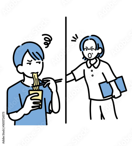 食事中、看護師に呼び足される医師のイラスト