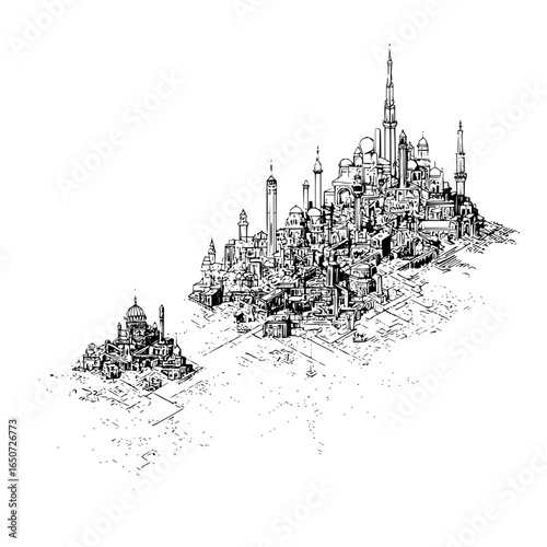 Detailed sketch of a sprawling middle eastern city with domes and towers in black and white ink style