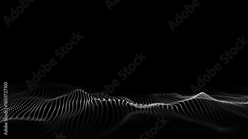 Dark cyberspace in digital background. Abstract technology black wave with motion dots and lines. Connection big data. Futuristic wireframe texture. Analysis a network connection. 3D rendering.