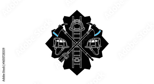 A symbolic representation of firefighter heroes featuring crossed axes helmets and a ladder