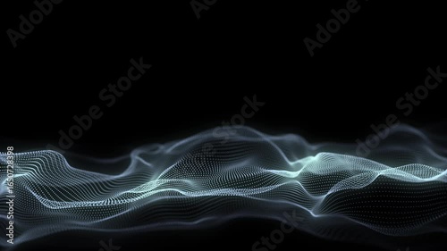 Abstract technology blue wave with motion glowing dots. Dark cyberspace in digital background. Connection big data. Futuristic wireframe texture. Dynamic analysis a network connection. 3D rendering.