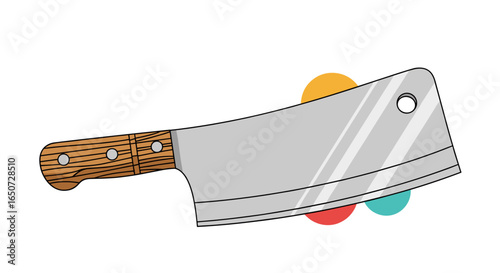 A heavy duty metal cleaver with a wooden handle suitable for chopping meat and vegetables in a kitchen