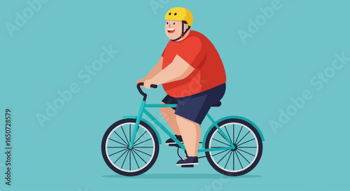Vector Cartoon Illustration of Overweight Man Cycling on Bike