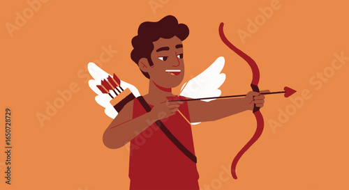 Vector Cartoon Cupid Illustration Flying Angel with Bow and Arrow of Love