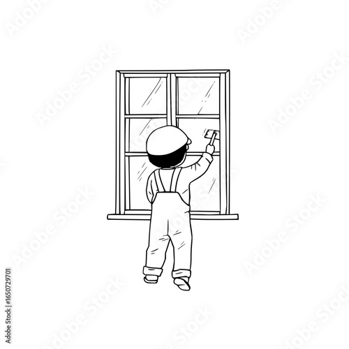 A young boy in overalls cleaning a window with a brush from behind in a black and white drawing
