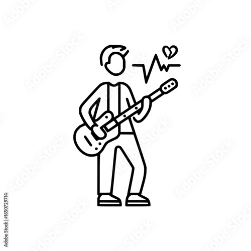 Illustration of a guitarist playing with heart beat sound waves coming from the instrument design
