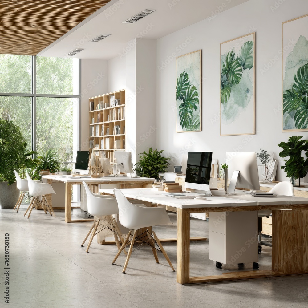 Fototapeta premium Bright white office with wood elements and natural green leaf accent