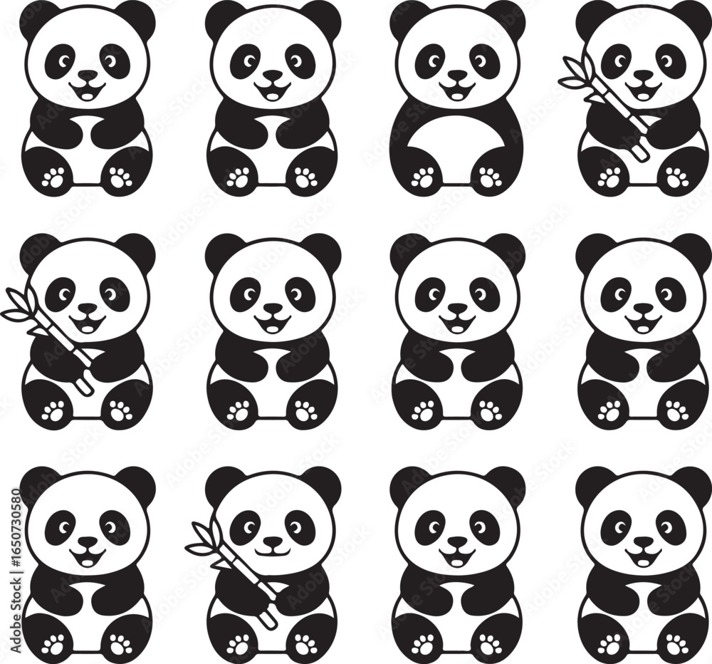 Obraz premium Panda Bundle Vector – Cute and Wild Panda Silhouette CollectionPanda Head and Full Body Vector Bundle – Cartoon and Wildlife DesignPanda Silhouette Bundle – Animal Clipart Set for Logo, Art, and D