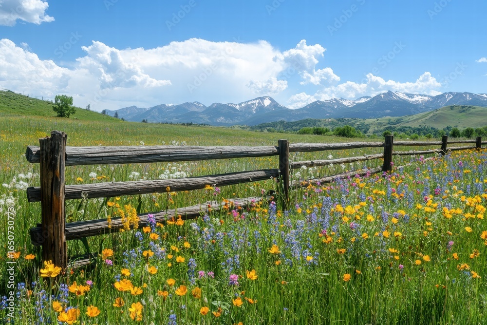 Fototapeta premium Open meadow with wooden fence and flowers