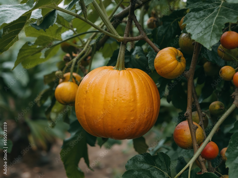 Obraz premium Hanging Pumpkins and Fruits, A CloseUp of Natures Bounty in the Garden.