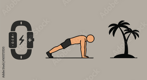 Icons for a balanced healthy lifestyle fitness tracker, plank exercise, and tropical palm tree. Visualizing modern wellness, strength, and vacation serenity