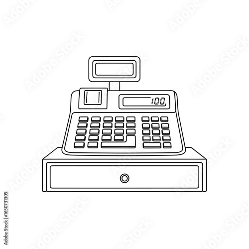 Line art illustration of a cash register with buttons, display, and drawer.