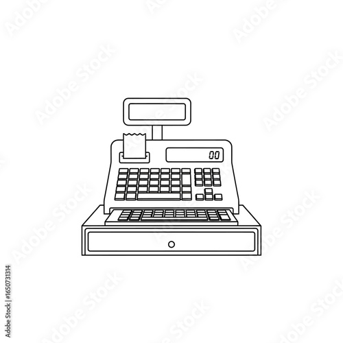 Simple line drawing of a cash register, showing its various components.