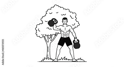 Dynamic illustration of a powerful man engaged in an intense outdoor kettlebell workout, symbolizing physical strength, fitness, and an active healthy lifestyle