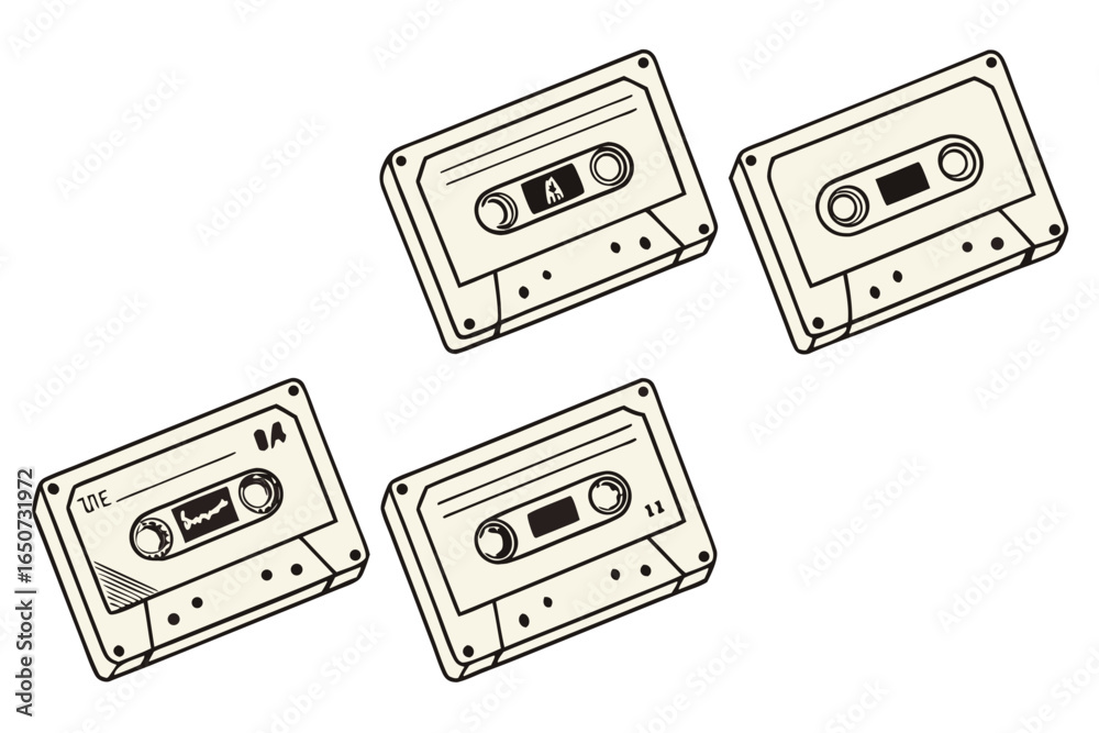 Fototapeta premium Collection of four vintage audio cassette tapes diagonally arranged, symbolizing nostalgic retro music recording and classic media.