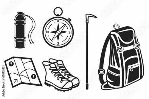 Essential outdoor adventure and hiking equipment, featuring a compass, backpack, boots, map, water bottle, and trekking pole.