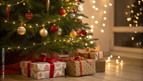 Christmas tree with gifts and warm bokeh lights in a cozy indoor setting decorated presents
