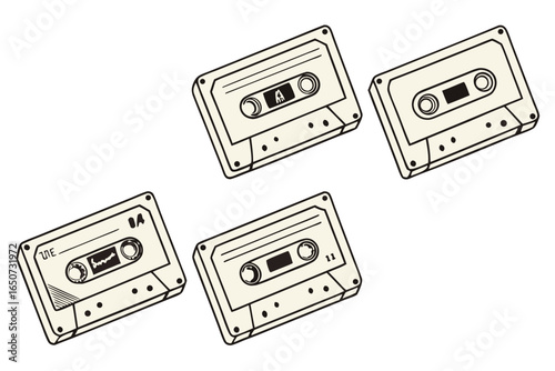 Collection of four vintage audio cassette tapes diagonally arranged, symbolizing nostalgic retro music recording and classic media.