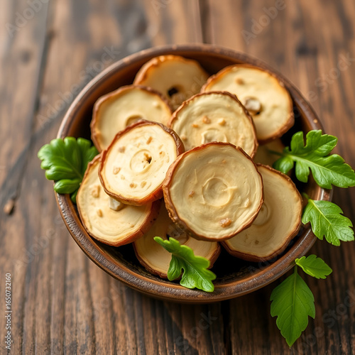 frequently-used traditional Chinese herbal medicine astragalus slices with green leaves.