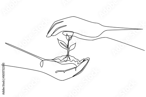 Line drawing of hands protecting a plant
