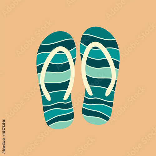 Turquoise Striped Flip Flops on Tan Background Beach Footwear