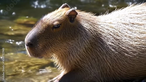 Wallpaper Mural Close Up Portrait of a Relaxing Capybara Hydrochoerus Hydrochaeris in a River with its Fur wet and Reflecting Sunlight Showcasing its Gentle Nature and Docile Demeanor and Tranquil Water Setting Torontodigital.ca