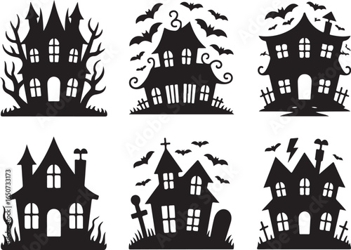 Spooky haunted houses with bats and tombstones for Halloween