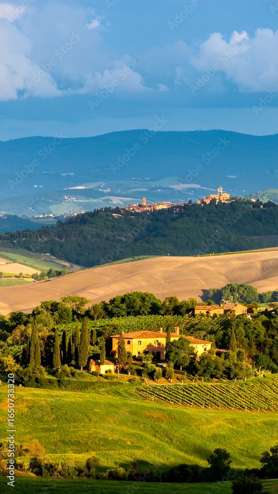 Fototapeta premium Rolling hills, farmland, and a distant village bathed in the golden light of sunset