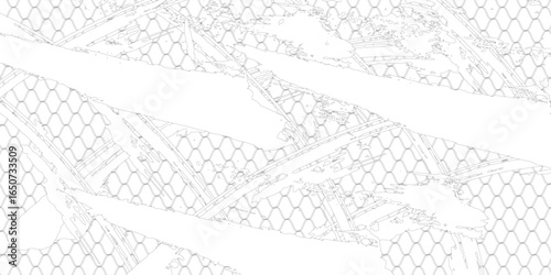 Fishing net with floats  curved by a wave. Graphic line art hand drawn on the theme of sea and fishing in black and white ink. background good art
