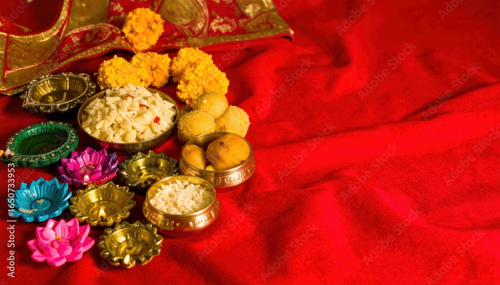 Fototapeta premium A vibrant display of traditional sweets, decorative bowls, and marigold flowers on a rich red backdrop, celebrating a festive occasion.