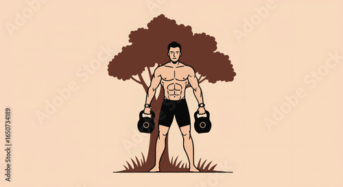 Vibrant illustration depicting a powerful man with kettlebells, standing proudly against a tree, embodying strength, fitness, and a balanced, healthy lifestyle