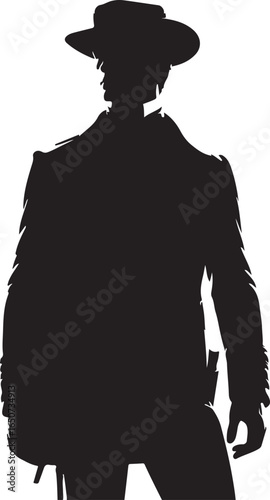 A silhouette of a cowboy, possibly a gunslinger, facing away from the viewer, showcasing his wide-brimmed hat and long coat.