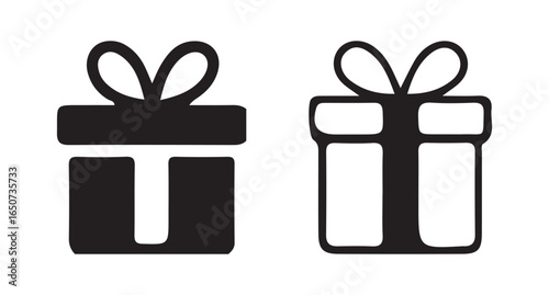 Set of black and white gift box icon illustrations with ribbon bows, perfect for holidays, celebrations, vector Eps 10