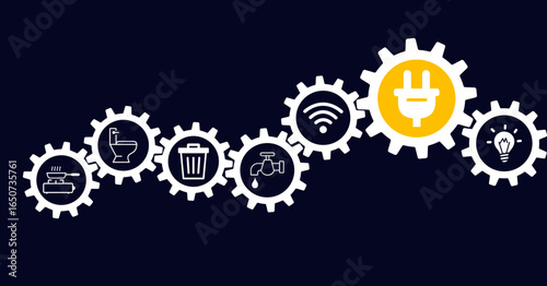 Public utilities vector illustration. Concept with connected icons related to water supply, electricity, gas, sanitation, household waste including internet access and telephone line.