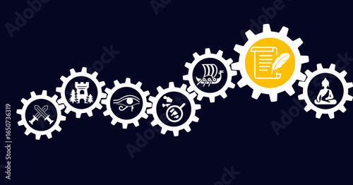 History / archaeology / archeology vector illustration. Concept with icons related to science class, school, historical events, knowledge or education, or study of ancient culture. 
