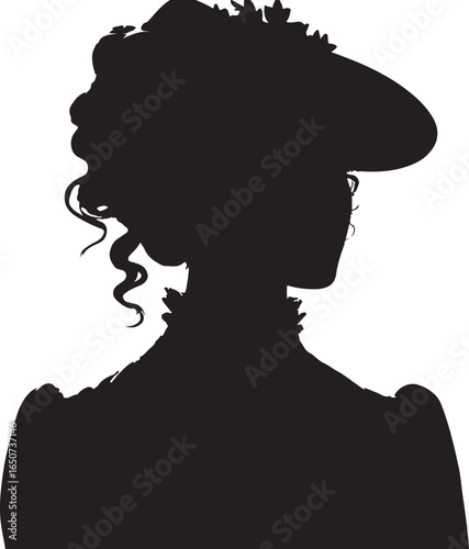 A black silhouette of 1800 woman's fashion america from the shoulders up, wearing a stylish hat with a flower embellishment and an elegant, high-collared dress, evocative of a turn-of-the-century