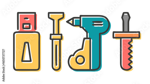 A vibrant collection of modern and traditional essential tools, including a data storage device, power drill, and hand saw.